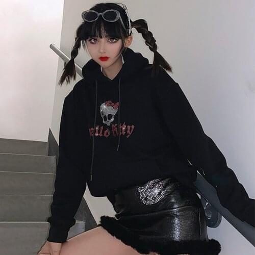Rhinestone Skull Gothic OverSized hoodie Long sleeve Black Hoodie Y2k top Kawaii Sweatshirt Harajuku Korean Fashion Punk Coat