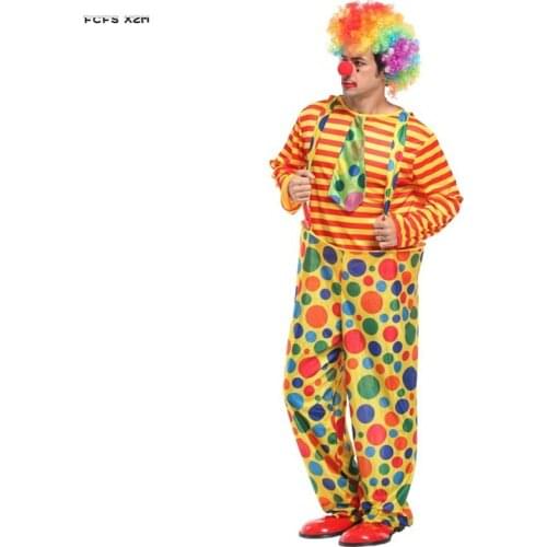 Colored spots streaks Funny Men Halloween circus clown Costumes Adult droll Joker Cosplay Carnival Purim Stage show Party dress
