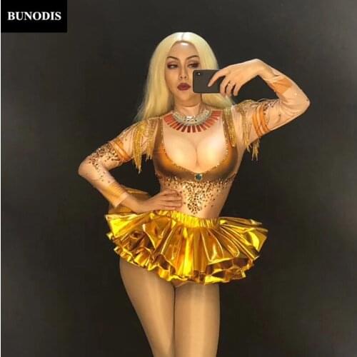ZD428 Women Sexy Gold Short Skirt Sparkling Crystals Bodysuit Nightclub Party Stage Wear Singer Dancer Bling Costumes