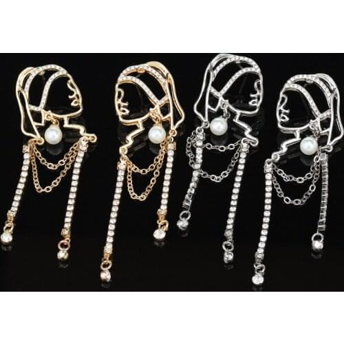 Pearl Crystal Portrait Chain Tassel Earrings For ladies Vintage French personality Exaggerated earrings for Ladies jewelry