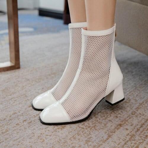 2021 Summer Women Knee High Heel PU Leather Mesh Women Boots Square Heel Zipper Womens Shoes Back Zipper Ladies Summer Boots