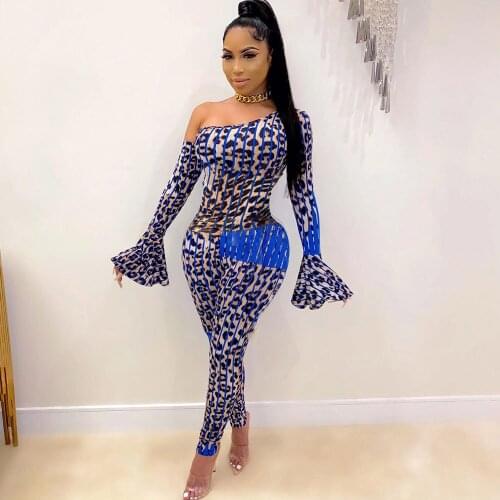 Sexy Leopard Print Bodycon Jumpsuits Women 2020 One Shoulder Flare Sleeve Skinny Rompers Womens Jumpsuit One Piece Club Outfits