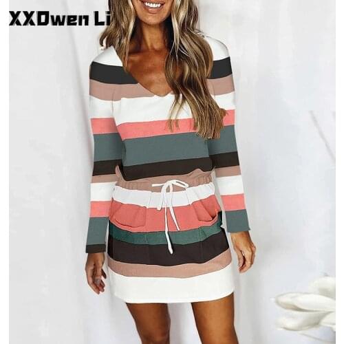 Women Fashion Striped Print Pockets Mini Dress Casual Loose Draw String V-Neck Drerss Autumn Ladies Long Sleeve Party Dresses