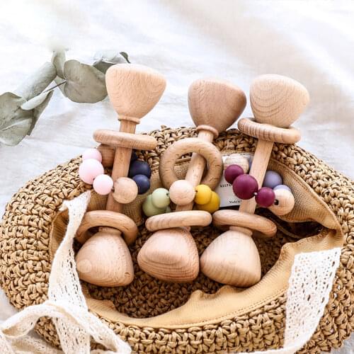 1PC Baby Teether Toys Beech Wooden Rattle Wood Teething Rodent Ring Silicone Beads Musical Chew Play Gym Montessori Stroller Toy
