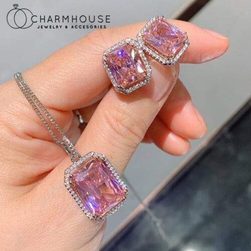 Pure Silver Jewelry Sets For Women Pink Cubic Zirconia Square Pendant Necklace Ring Earrings 3 pcs Rhinestone Jewellery Set