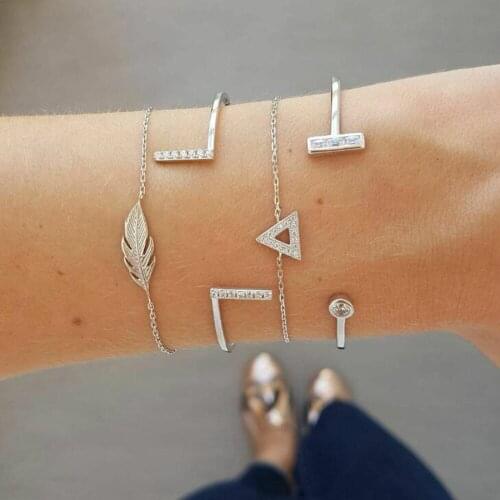 Silver color Women Fashion Punk Bracelet Simple Trendy leaf triangle Chain Bracelets Bohemian Retro Jewelry Accessories Bangles