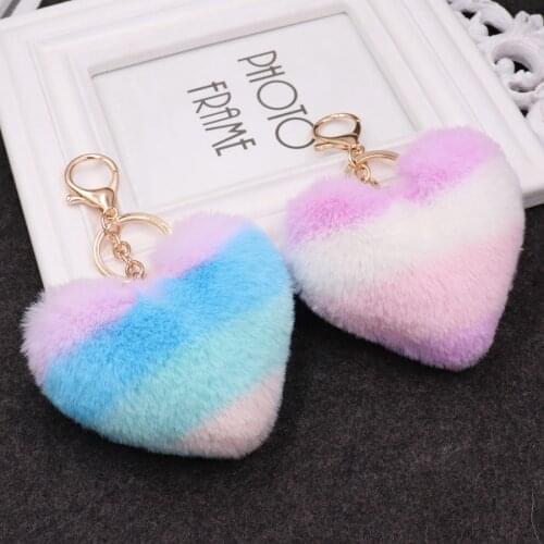 Colorful striped imitation KeyChain Pompom Key Chain Heart hPompom Key Chain Heart-shaped Key Rings Girl Fourrure Pompon Women