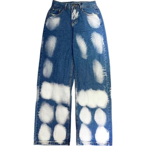 New Jeans Women Streetwear Loose High Waist Wide Leg Pants Straight Cowboy Vintage Washed Tie Dye Gradient Cotton Trousers Man