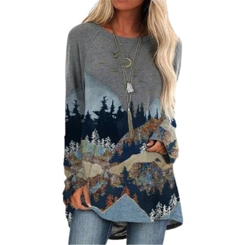Elegant Fashion Women Long Sleeve Landscape Print T Shirt Autumn Winter Casual Loose Pullovers Tops Female Cotton Tee Clothing