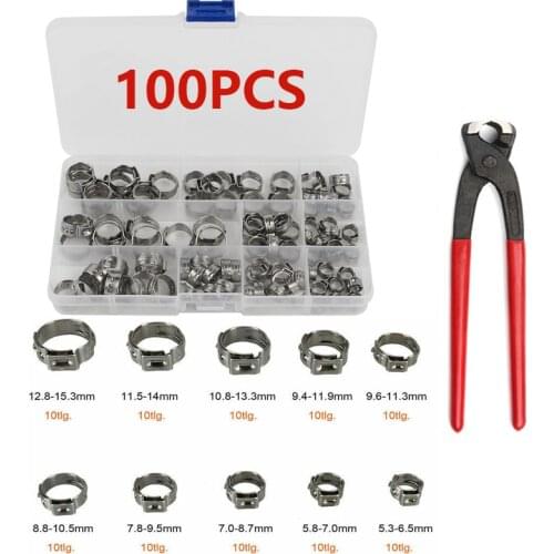 100 Pieces 5.3-15.3mm 304 Stainless Steel Single Ear Stepless Hose Clamps with Pincers Kit Woodworking Tools Pipe Clamp