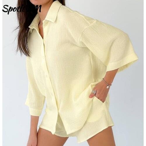 SpotLtWM Cotton Casual Loose 2 Piece Sets Women Turn-Down Collar Shirts And High Waist Shorts Suits Fashion Loung Wear Outfits
