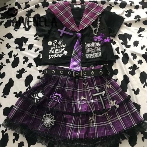 Custom-made Harajuku Punk Plaid Short Sleeve JK Sailor Uniform Tops+Pleated Mini Skirts Gothic Clothes Set AFC889