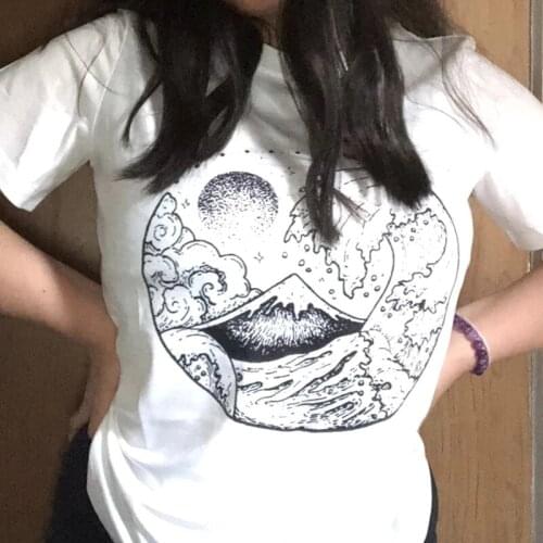 Kuakuayu HJN Wave and Mountain Graphic T-Shirt Kawaii Pastel Grunge Kanagawa Shirt 90s Aesthetic Tee