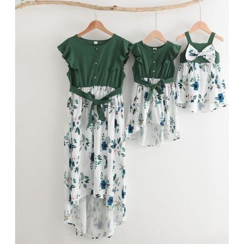 Summer Family Dresses for Mom Baby Girls Stitching Floral Printed Dress Fashion Mother Daughter Matching Clothes Outfits