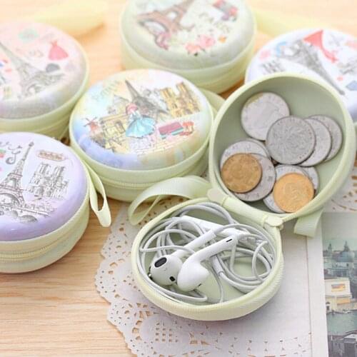 Mini Pouch Bag Round Headset Paris Eiffel Zipper Coin Purse Key Wallet