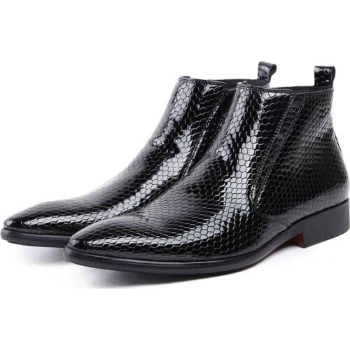 British pointed cow patent leather mens boots, mens formal high-top leather shoes. Leather zipper short boots with fleece lini