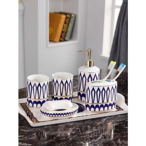 Bathroom Accessories Set Ceramic Soap Dispensers Toothbrush Holder Gargle Cups Soap Dish With Tray 6 Pieces Set Wedding Gifts