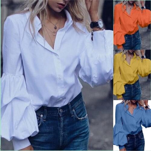 2021 New Women Tshirts Autumn Cotton Solid Color Lantern Long Sleeve Blouse