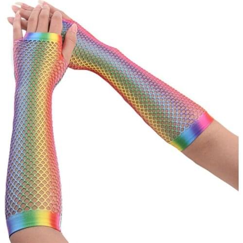 Womens Girls Hollow Out Holes Gloves Rainbow Printed Fingerless Mesh Net Fishnet High Quality and Brand New