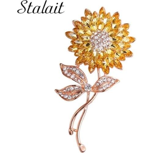 Romantic Rhinestone Crystal Sunflower Brooches Gold Color Leaf Sun Flower Brooch Pin Fashion Metal Luxury Jewelry New Arrival