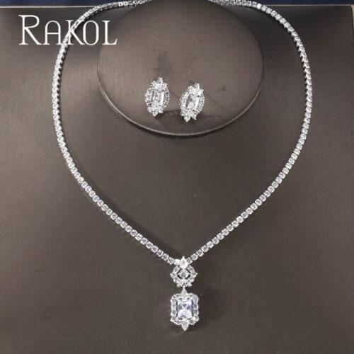 RAKOL Luxury Sparking Brilliant Cubic Zircon Clear Earrings Necklace Dinner Jewelry Set Wedding Bridal Dress Accessories
