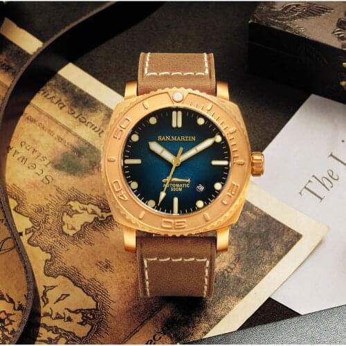 San Martin Diver Retro CuSn8 Bronze Luxury Automatic Mechanical Men Watch Sapphire 30Bar Waterproof Cowhide Strap SN078-Q
