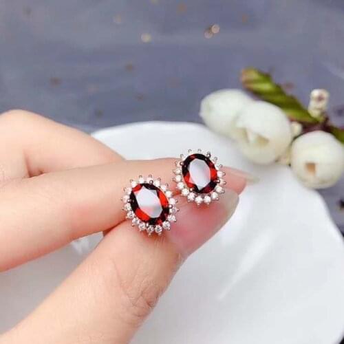 Natural Pigeon Blood Red Garnet Simple Earrings Real 925 Silver Fine Fashion Jewelry for Women Free Shipping【FS Jewelry