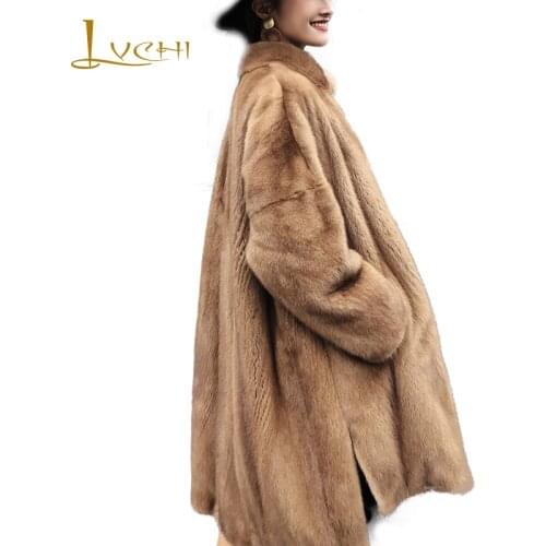 LVCHI 2019 Winter Import Swan Velvet Mink Fur Coat Real Fur Coats Women Mandarin Collar Long Sleeve Thick X-Long Mink Fur Coats