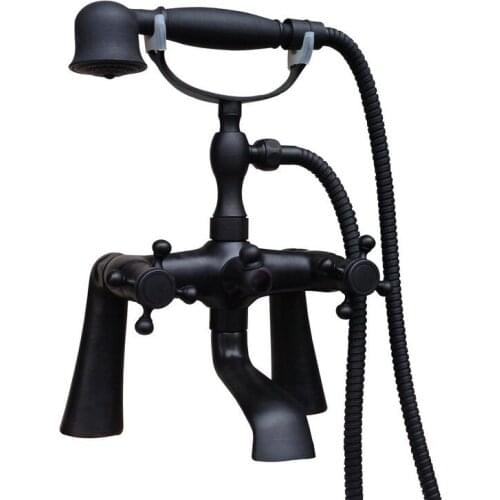 Deck Mounted Black Oil Rubbed Brass Bathroom Tub Faucet Set with 150CM Handheld Shower Spray Head Bath Mixer Tap 2tf702