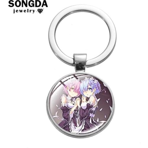 SONGDA Re Zero Starting Life in Another World Keychain Ram Rem Emilia Cartoon Pattern Handmade Glass Gem Key Chain Fans Souvenir