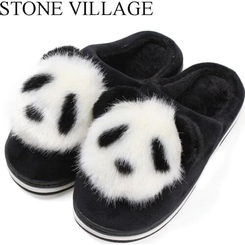 STONE VILLAGE Cute Cartoon Animation Panda Women Slippers Ladies Non-Slip Slip On Warm Plush Slippers Indoor Home Slippers Shoes