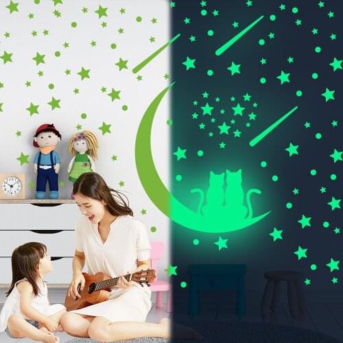 Lover Cat on the Moon Glowing Stickers Glow In The Dark Star Wall Sticker Bedroom Decor Home Decoration Accessories