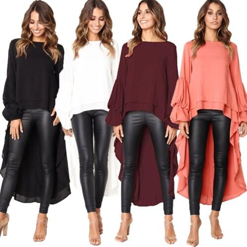 Womens Long Bell Sleeve Ruffles Asymmetrical Hem Loose Casual Tops Shirt Blouse Fashion Blouses Women Autumn Clothing