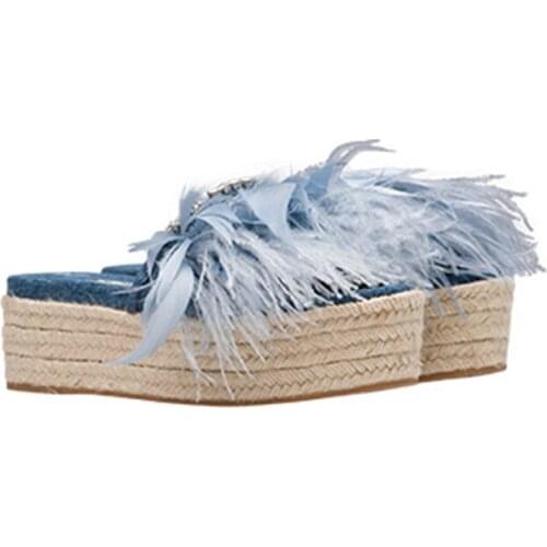 Sestito Woman Feather Embellished Slip-on Summer Denim Sandals Ladies Thick Platform Bling Crystal Casual Slingback Shoes Slides