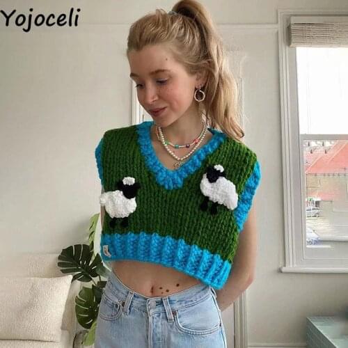 Yojoceli Sexy animal appliques knitted sweater vest Autumn v neck women knitting tops outerwear Casual fashion knitted vest
