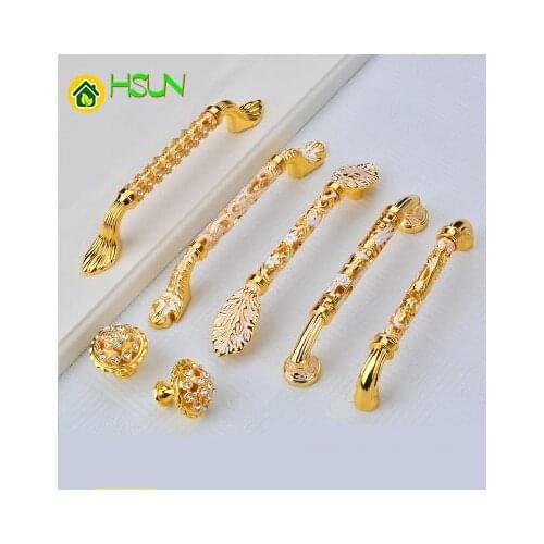 2Pcs Golden Crystal Handle Aureate European handle hollow out chest ambry door of drawer cupboard auger round single hole handle