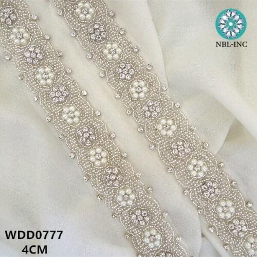 10 yards)Wholesale hand beaded sewing silver rhinestone pearl applique trim iron on for wedding dress sash WDD0777