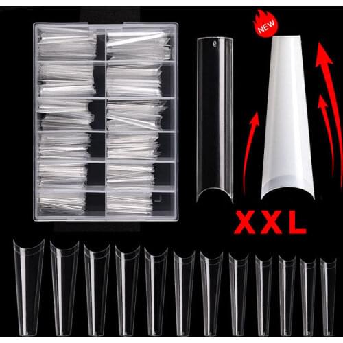 240pcs Boxed Kit XXL French False Nail Tips Smile C Shape Half Cover Coffin Max 12 Sizes Coffin Fake Nails For Manicure Salon