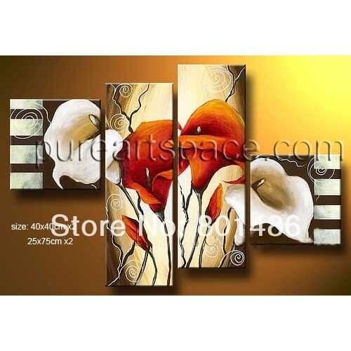Free shipping! Red and white Calla Lily 4 panel Abstract Oil Painting in group flower design decorative wall art