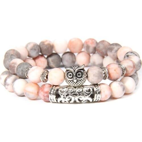 2pcs/set Natural Pink Zebra Stone Beads Bracelet Women Fashion Owl Charm Lucky Energy Bracelet for Women Girls Jewelry Gifts