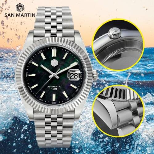 San Martin Luxury Watch Mens MOP Dial Carving Craft Bezel 2020 Automatic Mechanical Watches Man BGW-9 Luminous 100M Dive Diver