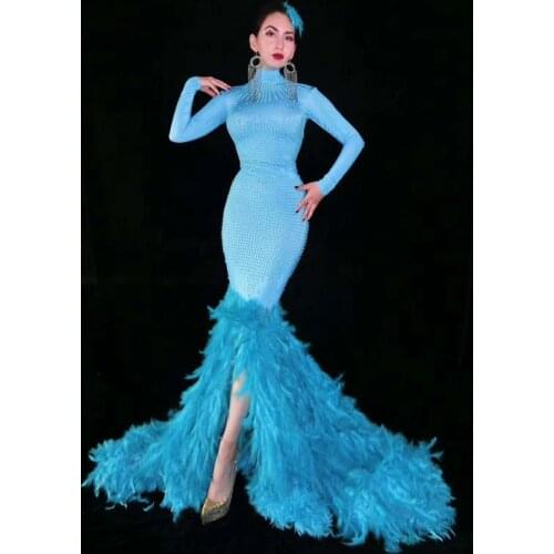 Blue full beads Dress Stage Wear Big Stretch drag queen dress Singer Evening Performance Feather long tail dress