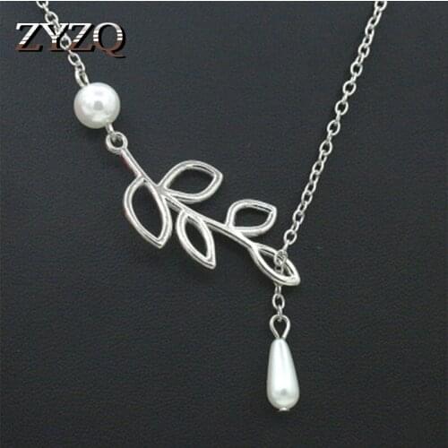 ZYZQ Elegant Women Necklace Lovely Leaf Design Silver Plated Accessories Jewelry With Simulated Pearl Water Droped Necklace Hot