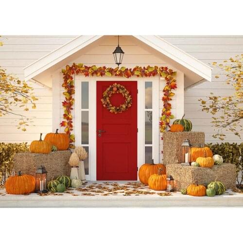 White Wall Red Wooden Door Pumpkins Halloween Photo Backdrops Custom Photography Background for Children Baby Photoshoot Pops