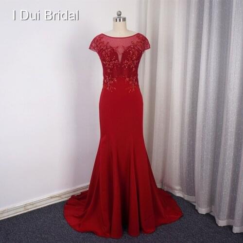 Short Cap Sleeve Illusion Back Mermaid Red Evening Dresses Luxury Beaded Delicate Lace