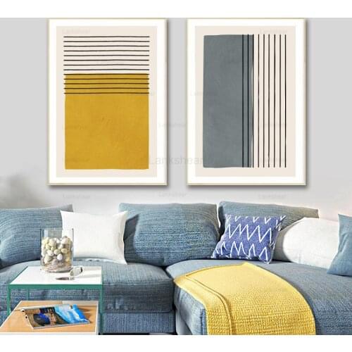 Original Minimalist Abstract Canvas Painting Modular Posters and Prints Picture Mustard Gray Wall Art for Living Room Decoration