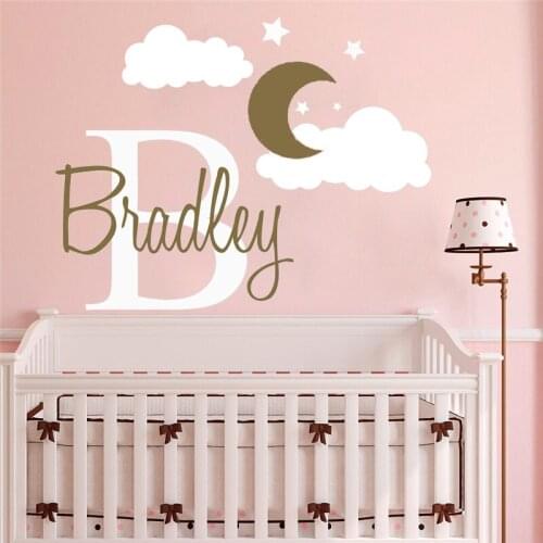 Wall sticker Custom Name & Initial Moon Clouds Stars Boy Nursery Decal Baby Room Decorations Mural Decal For Childrens HY320