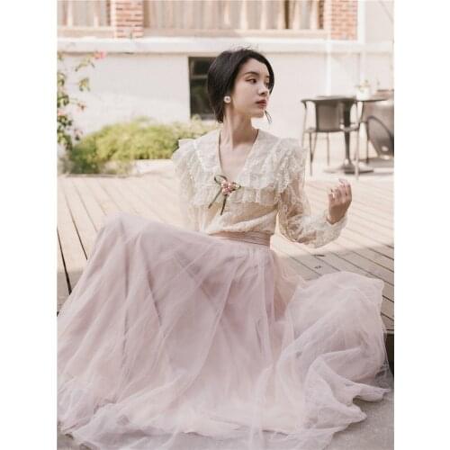 2019 new fashion womens two piece set Summer dress set retro french spring blouse+skirt