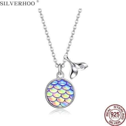 SILVERHOO 925 Sterling Silver Necklaces For Women Gradient Resin Pendant Necklace Fish Tail Ocean Style Jewelry Engagement Gift