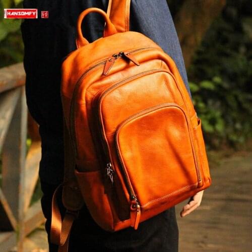 Leather Mens Backpack Men Casual School Bag Large Capacity Vegetable Tanned Leather Bag Laptop Backpack Cowhide Travel Backpack
